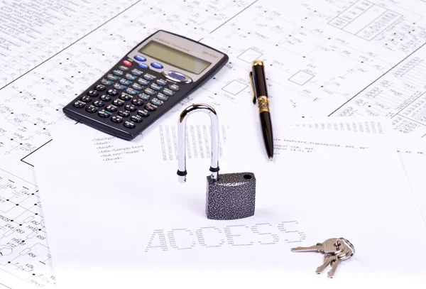 Open padlock, pen, calculator and inscription ACCESS — Stock Photo, Image