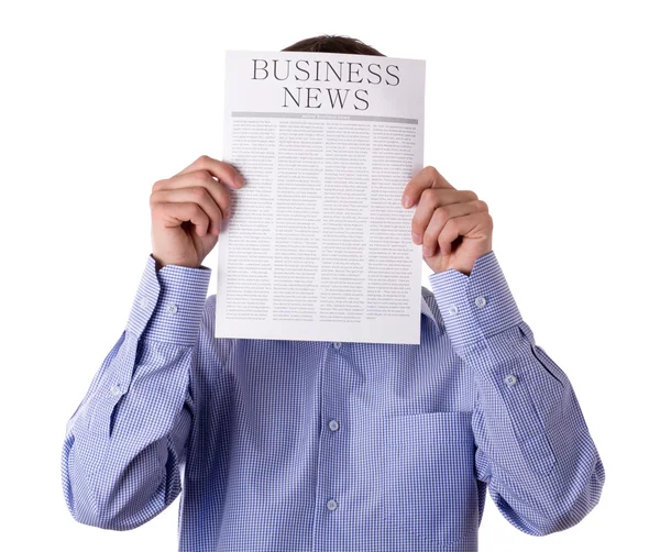 Άνθρωπος ανάγνωση μια εφημερίδα με επιγραφή επιχειρηματικές ειδήσεις — 图库照片