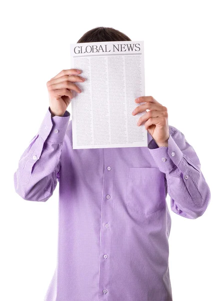 Man reading a newspaper with inscription GLOBAL NEWS — Stock Photo, Image