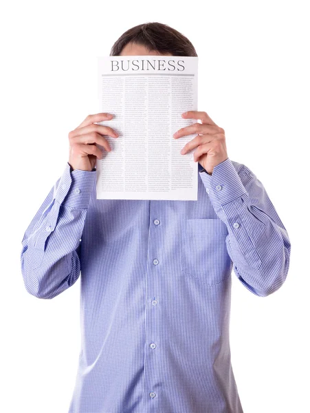 Homem lendo um jornal com inscrição BUSINESS — Fotografia de Stock