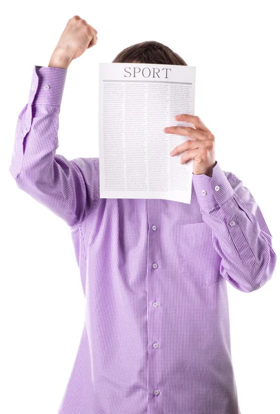 Homem lendo um jornal com inscrição SPORT — Fotografia de Stock