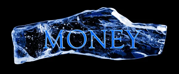 Woord geld bevroren in het ijs — Stockfoto