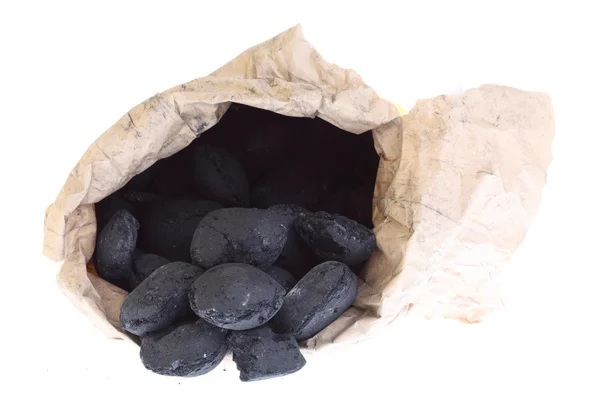 Sac, sac charbon isolé, pépites de carbone — Photo