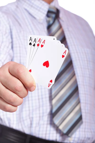 Homem e jogar cartas na mão — Fotografia de Stock