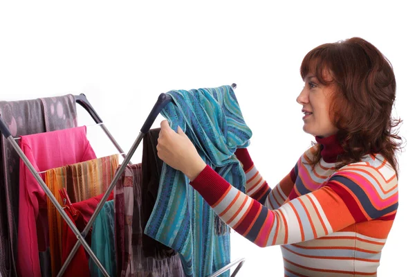 Clothes dryer and woman isolated on white — Stock Photo, Image