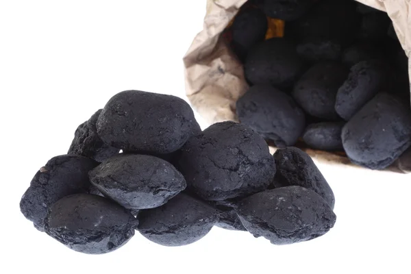 Saco, bolsa de carbón aislado, pepitas de carbono —  Fotos de Stock