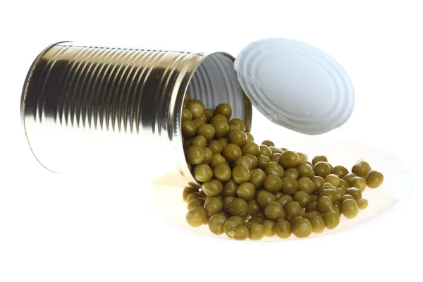 Can with canned, tinned peas Stock Picture