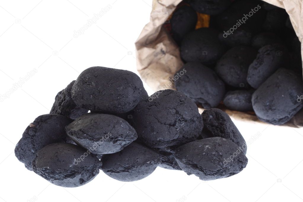 Sack, bag isolated coal, carbon nuggets