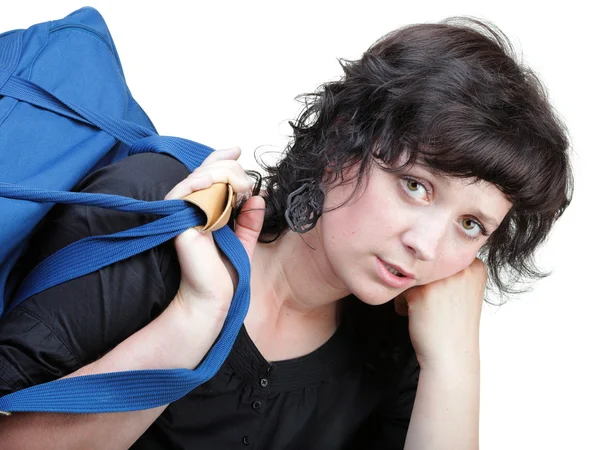 Woman tired and shoulder bag isolated — Stock Photo, Image