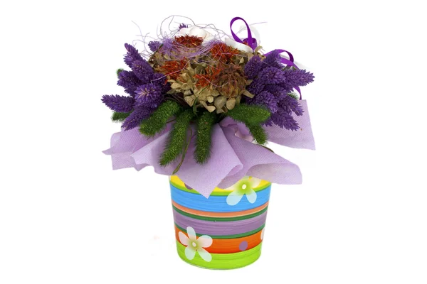 Un bouquet décoratif de fleurs séchées dans un pot coloré — Photo