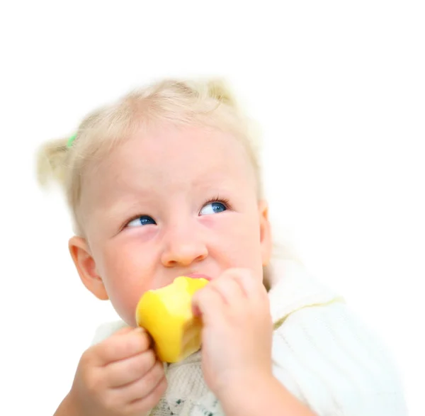 Child girl eats organic apple — Stock Photo, Image
