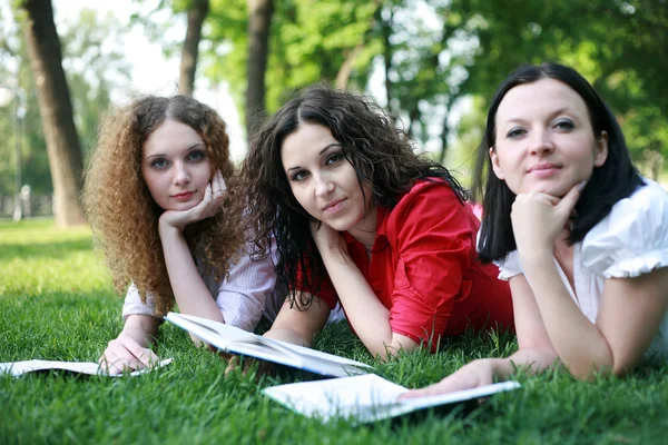 Portrét tří přátel studovat na trávě — Stock fotografie