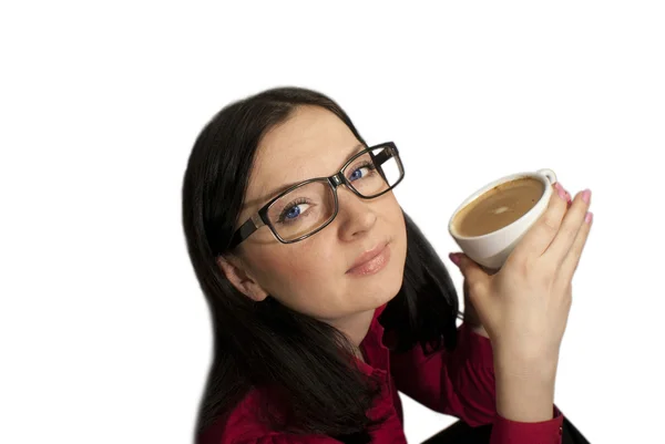 女孩戴着眼镜与咖啡合影 — 图库照片