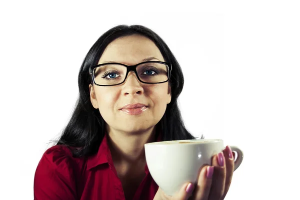 Brunette with glasses of coffee — Stock Photo, Image