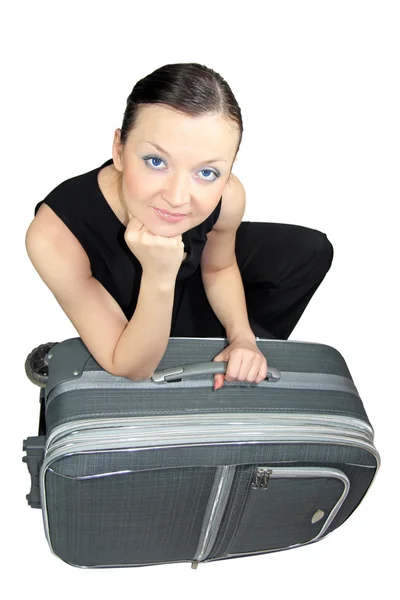 Morena con una maleta — Foto de Stock
