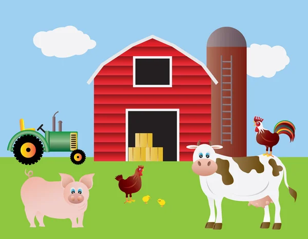 Bauernhof mit rotem Scheunentraktor und Tieren — Stockvektor