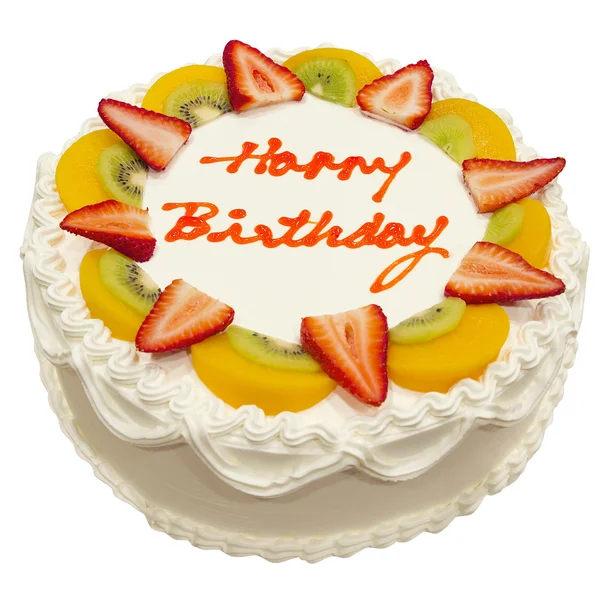 Zadowolony urodziny świeżych owoców ciasto — Zdjęcie stockowe