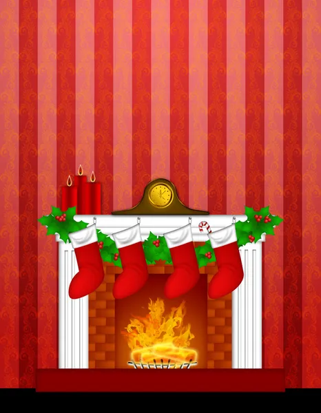 Kandalló karácsonyi dekoráció wth harisnya és háttérkép — Stock Fotó