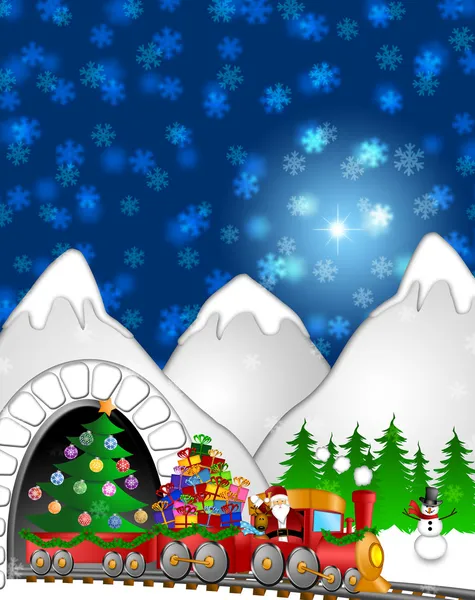 火车在冬天的场面上圣诞老人驯鹿雪人 — 图库照片