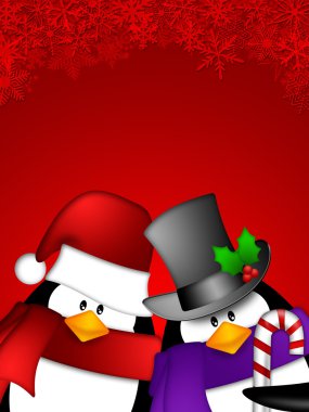 Penguin Couple on Red Snowflakes Background clipart