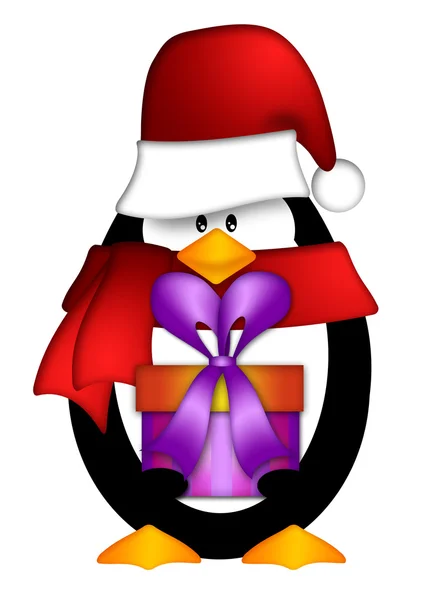 Penguin with Santa Hat with Present Clipart — Stock Photo, Image
