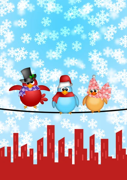 Trzy ptaki na drucie z miasta panoramę Boże Narodzenie sceny — Zdjęcie stockowe