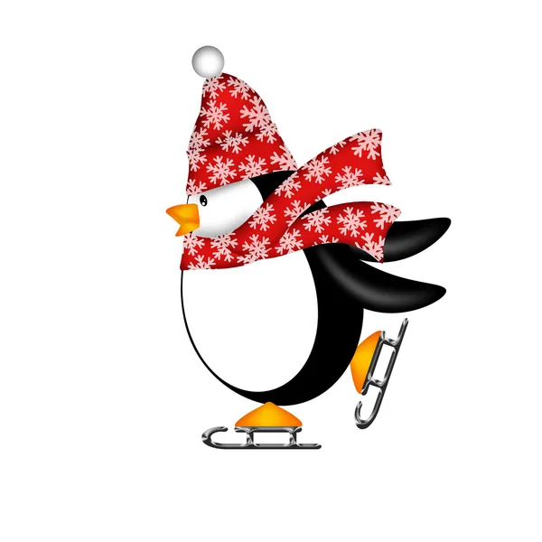 Lindo pingüino con bufanda roja en patines de hielo Ilustración —  Fotos de Stock