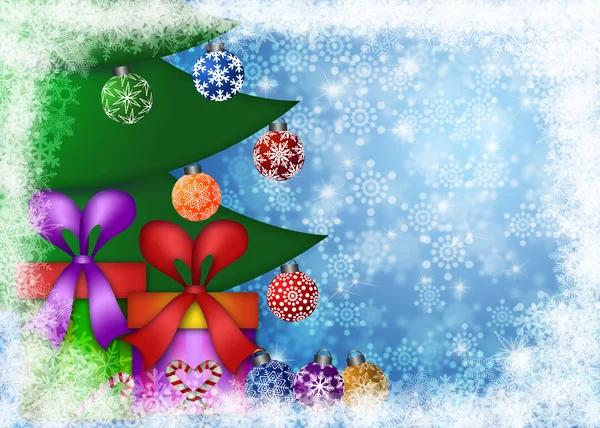 Weihnachtsgeschenke unter dem Baum mit Schneeflocken — Stockfoto