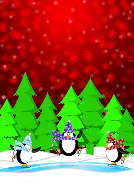 Pingwiny w łyżwach ślizgawka zima śnieg sceny ilustracja — Zdjęcie stockowe
