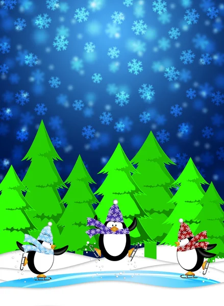 企鹅滑冰溜冰场冬季下雪场景蓝色 illustrat — 图库照片