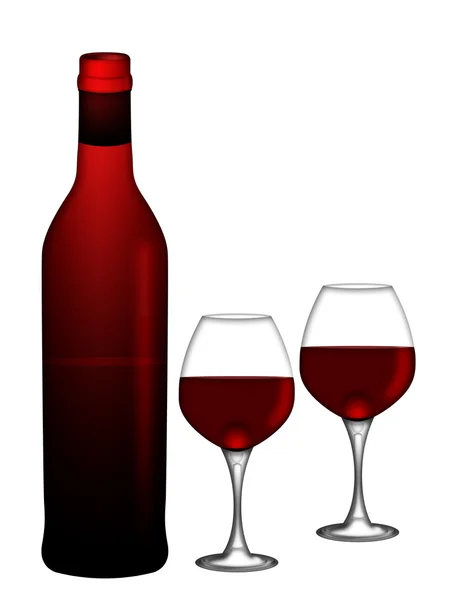 Бутылка красного вина и два бокала на белом фоне — стоковое фото