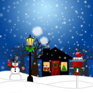 House with Lamp Post Snowman and Birdhouse Christmas Decoration clipart