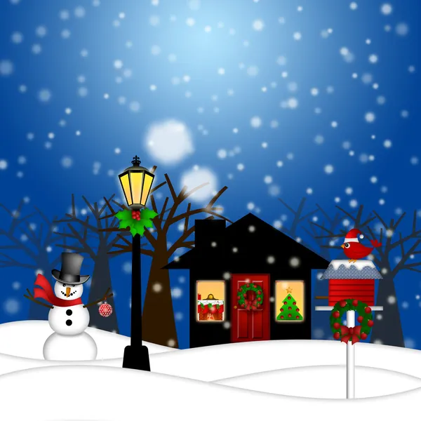 Casa con lámpara Post muñeco de nieve y Birdhouse decoración de Navidad — Foto de Stock