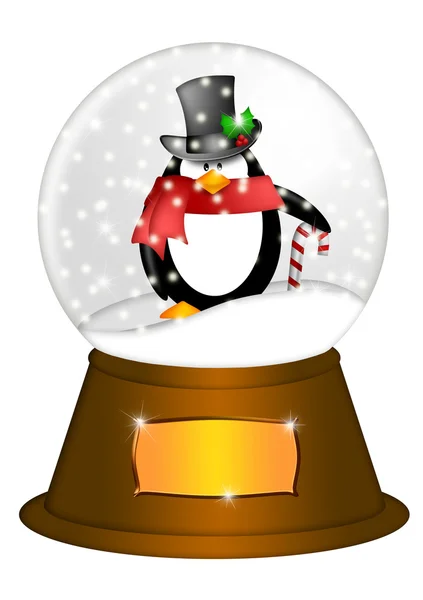 Globe de neige d'eau avec pingouin et canne à sucre Illustration — Photo