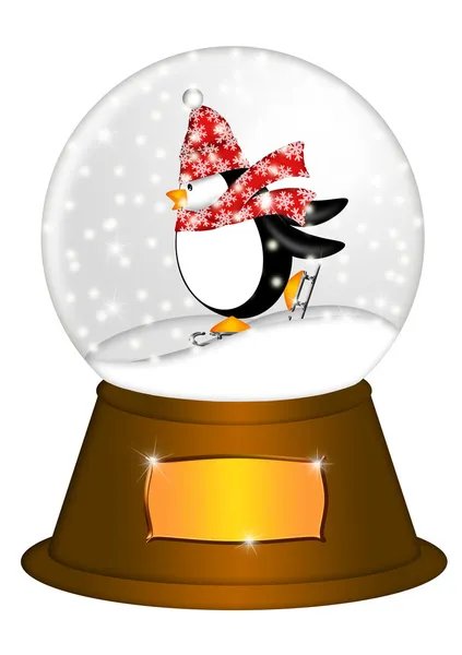Wasser-Schneekugel mit Pinguin-Eislauf-Illustration — Stockfoto