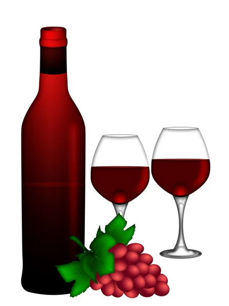 Бутылка красного вина и два бокала и гроздь винограда — стоковое фото