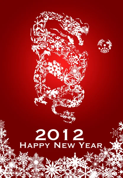 2012 kinesiska år av draken snöflingor röd bakgrund — Stockfoto