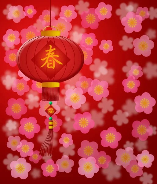 Lanterna de ano novo chinês com flor de cerejeira fundo vermelho — Fotografia de Stock