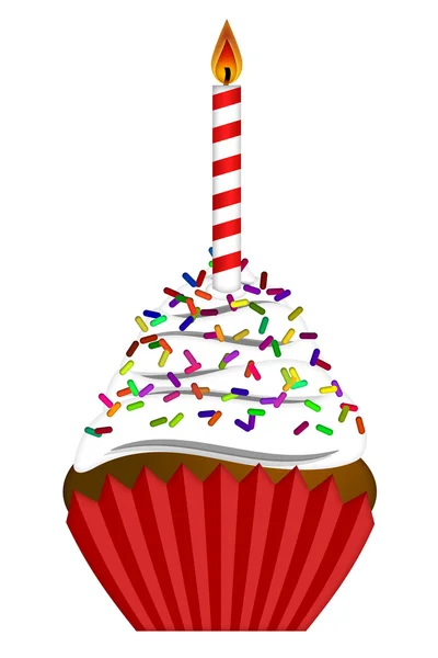 Cupcake con espolvoreos coloridos y vela — Foto de Stock