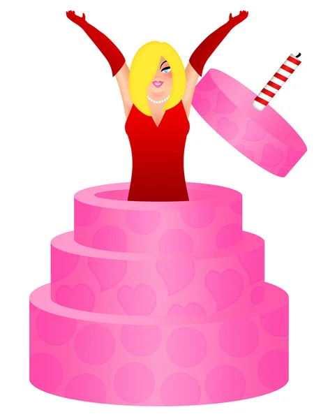 Sexy blonde Frau springt aus Geburtstagstorte Illustration — Stockfoto