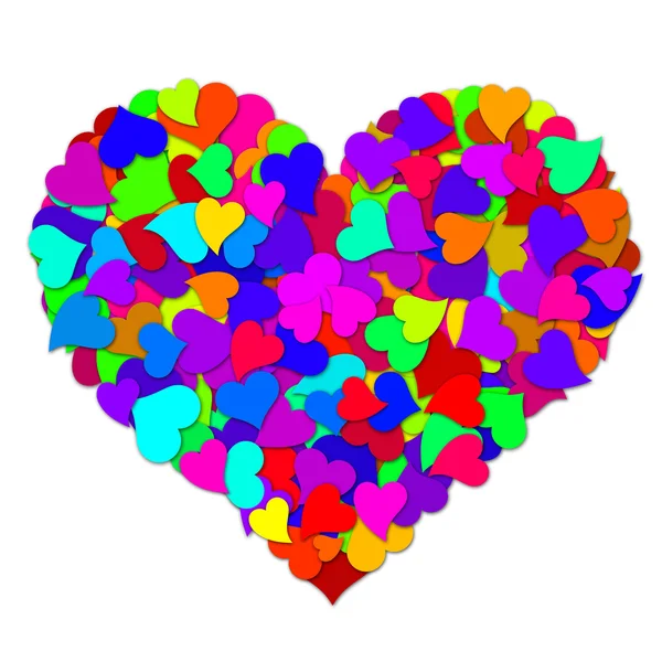 Kolorowe serca, tworząc wielkie serce Walentynki — Zdjęcie stockowe