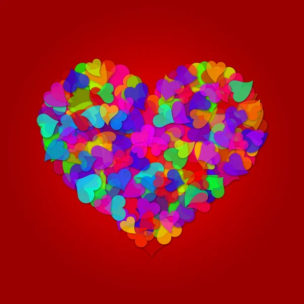 Grandes corazones coloridos del día de San Valentín en fondo rojo — Foto de Stock