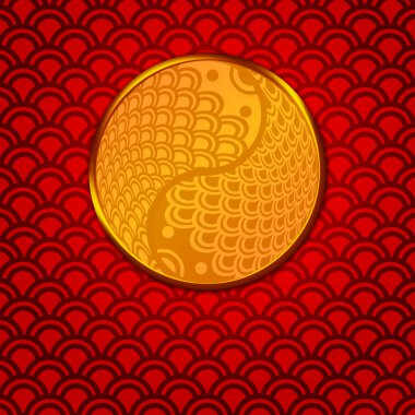 Chinese Pair of Fish in Yin Yang Circle on Red Background clipart