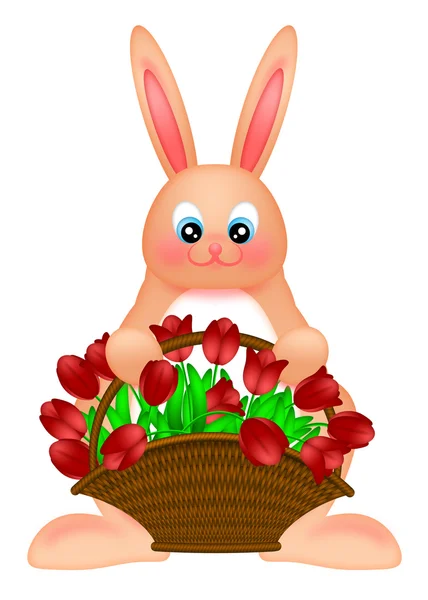 Glad påsk kanin med tulpaner korg illustration — Stockfoto