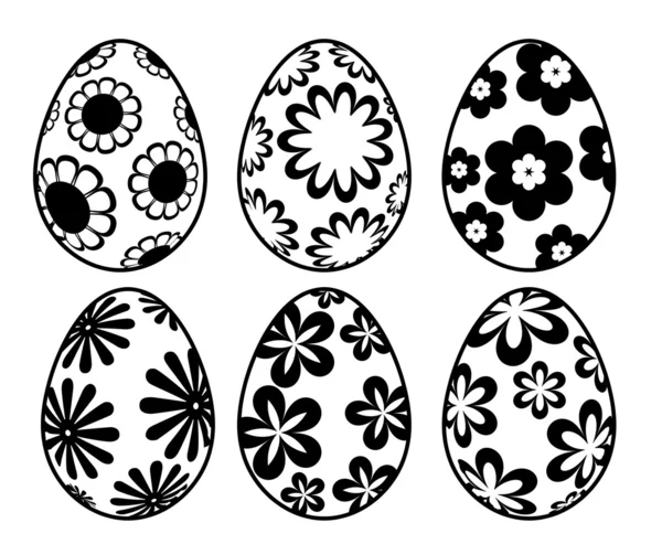 Sei uova di Pasqua in bianco e nero con disegni floreali — Foto Stock
