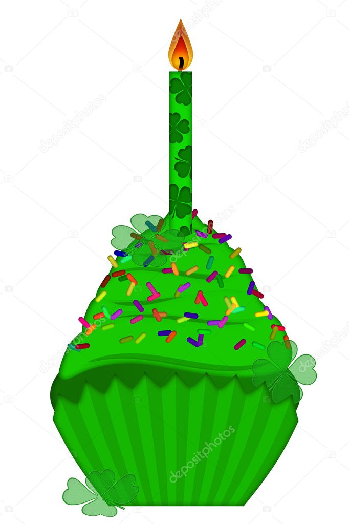 St Patricks Day Cupcake with Candle and Colorful Sprinkles