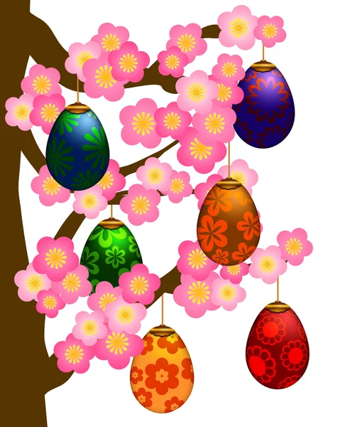 Floração de cerejeira árvore flor com ovos de Páscoa — Fotografia de Stock