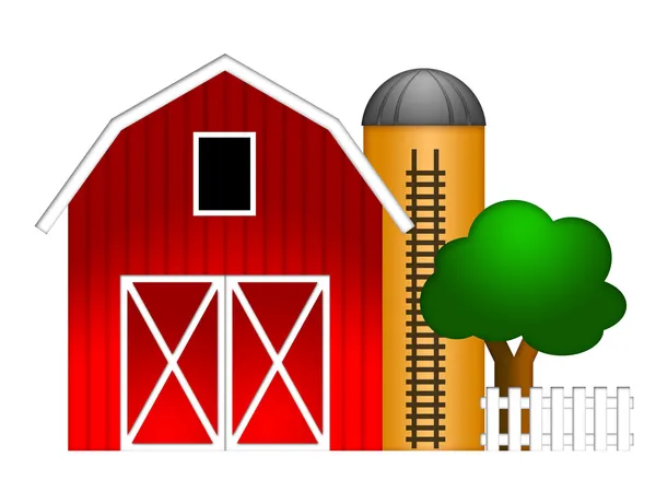 Grange rouge avec silo à grains Illustration — Photo