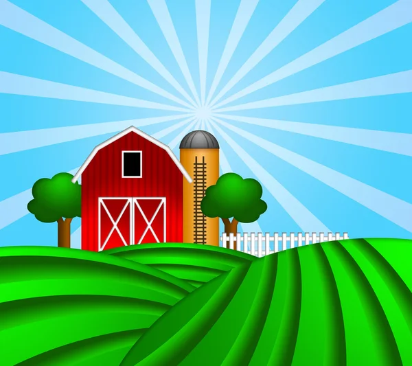 Grange rouge avec silo à grains sur pâturage vert Illustration — Photo