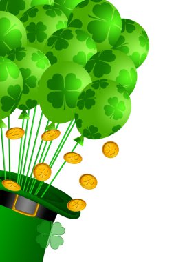 Leprechaun Hat with Shamrock Balloons and Gold Coins clipart